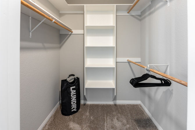 Carpeted walk-in closet with white built-in shelving, wooden hanging rods, a black laundry bag and black hangers in a neutral-toned modern home.