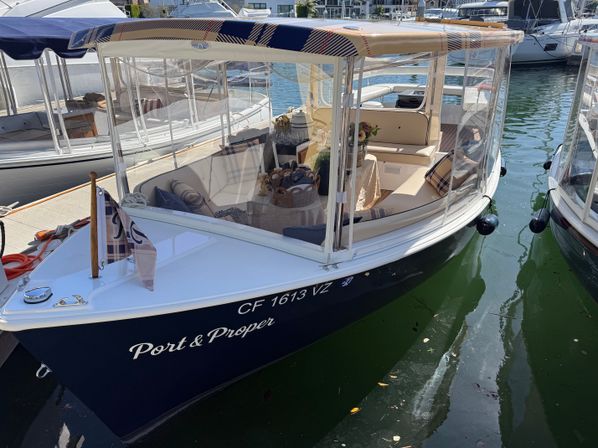 Cozy navy-hulled leisure boat docked at a sunny marina, clear vinyl canopy revealing cushioned wraparound seating with plaid pillows, picnic basket and flowers, surrounded by neighboring boats and green harbor water.