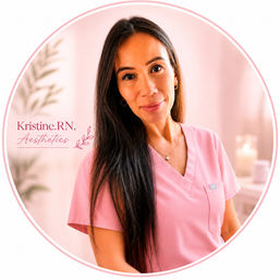 Warm portrait of a woman in pink medical scrubs smiling in a soft, pink-toned spa room, long dark hair, gold hoop earrings and delicate necklace, with blurred candles and a plant in the background — circular profile-style image.