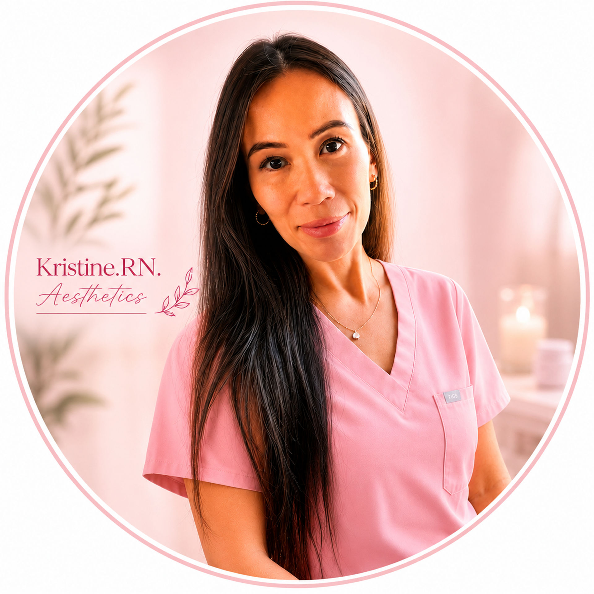 Warm portrait of a woman in pink medical scrubs smiling in a soft, pink-toned spa room, long dark hair, gold hoop earrings and delicate necklace, with blurred candles and a plant in the background — circular profile-style image.