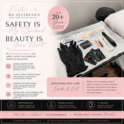 Pink-themed aesthetics flyer beside a sterile microneedling kit on a tray—black nitrile gloves, single-use needles and ampoules, numbing packets and a pen device; promotes safety-first esthetic nurse services in Phoenix/Scottsdale, AZ.