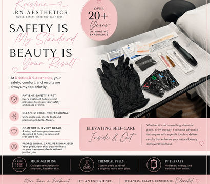 Pink-themed aesthetics flyer beside a sterile microneedling kit on a tray—black nitrile gloves, single-use needles and ampoules, numbing packets and a pen device; promotes safety-first esthetic nurse services in Phoenix/Scottsdale, AZ.