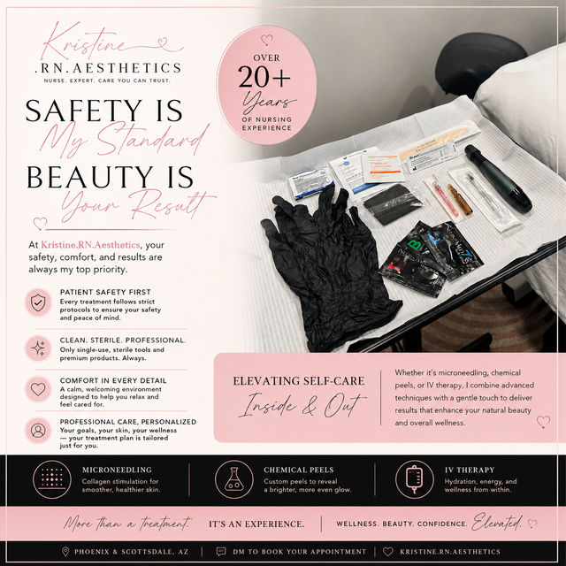 Pink-themed aesthetics flyer beside a sterile microneedling kit on a tray—black nitrile gloves, single-use needles and ampoules, numbing packets and a pen device; promotes safety-first esthetic nurse services in Phoenix/Scottsdale, AZ.