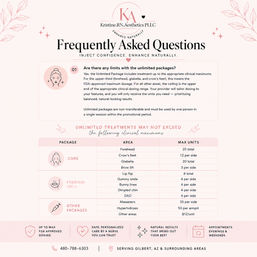 Pink FAQ poster for a cosmetic injectables clinic listing unlimited-package limits and clinical max units by area (forehead 20, crow's feet 12/side, glabella 20, masseters 35/side, hyperhidrosis 50/armpit), decorative icons, contact info and serving Gilbert, AZ & surrounding areas.