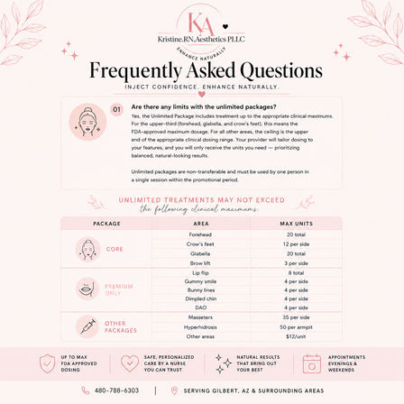 Pink FAQ poster for a cosmetic injectables clinic listing unlimited-package limits and clinical max units by area (forehead 20, crow's feet 12/side, glabella 20, masseters 35/side, hyperhidrosis 50/armpit), decorative icons, contact info and serving Gilbert, AZ & surrounding areas.