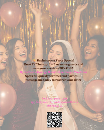 Joyful bachelorette party flyer: smiling women with pink balloons and bride-to-be sash in front of a gold tinsel backdrop, with promotional text overlay about a party special.