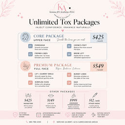 Pink aesthetic infographic promoting unlimited injectable tox packages: Core Upper Face $425/month (forehead, crow’s feet, frown lines, brow lift) and Premium Full Face $549/month (lip + gummy smile, bunny lines, dimpled chin, DAO). Other services listed: masseters $425, lip flip $149, underarm hyperhidrosis $999, other areas $12/unit. Contact info and note: serving Gilbert, AZ and surrounding areas.