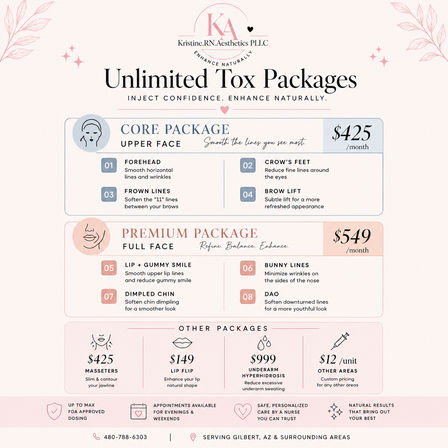 Pink aesthetic infographic promoting unlimited injectable tox packages: Core Upper Face $425/month (forehead, crow’s feet, frown lines, brow lift) and Premium Full Face $549/month (lip + gummy smile, bunny lines, dimpled chin, DAO). Other services listed: masseters $425, lip flip $149, underarm hyperhidrosis $999, other areas $12/unit. Contact info and note: serving Gilbert, AZ and surrounding areas.