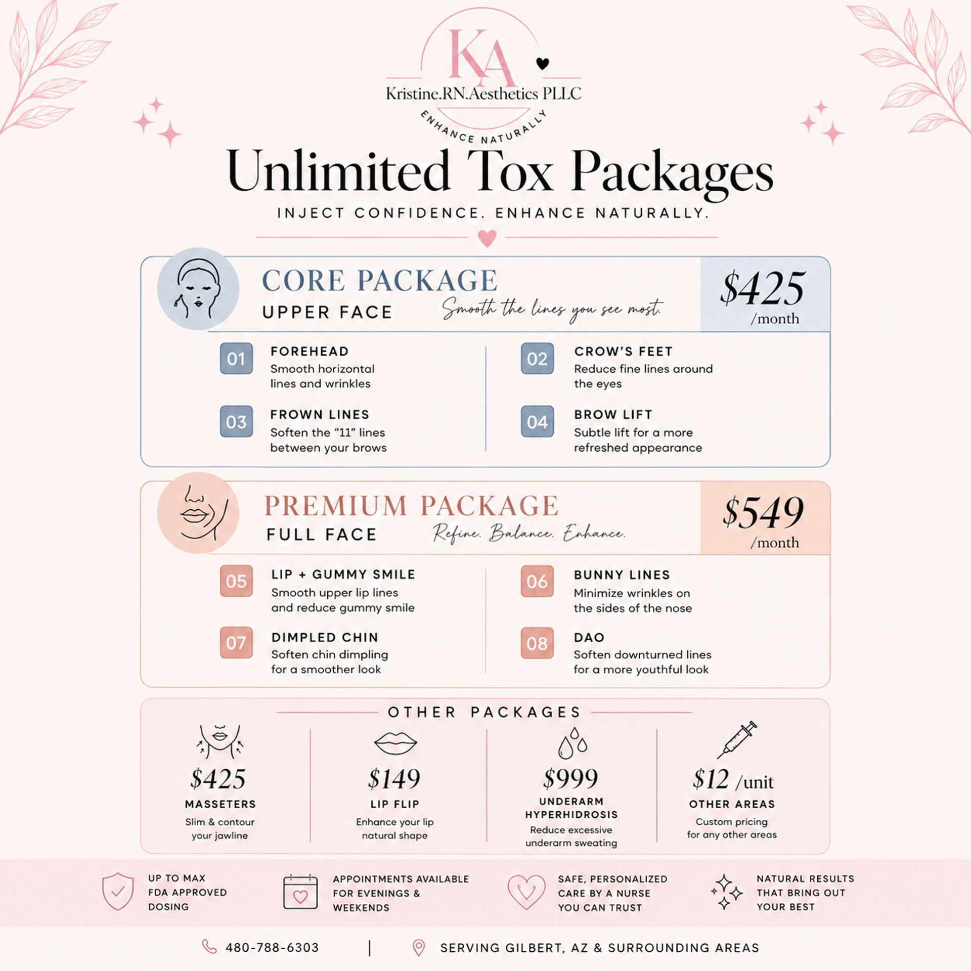 Pink aesthetic infographic promoting unlimited injectable tox packages: Core Upper Face $425/month (forehead, crow’s feet, frown lines, brow lift) and Premium Full Face $549/month (lip + gummy smile, bunny lines, dimpled chin, DAO). Other services listed: masseters $425, lip flip $149, underarm hyperhidrosis $999, other areas $12/unit. Contact info and note: serving Gilbert, AZ and surrounding areas.