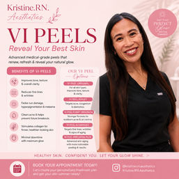 Pink promotional poster for VI Peels chemical peels featuring a smiling female aesthetician in black scrubs next to lists of benefits, peel options, and booking info for skin rejuvenation and a glowing complexion.
