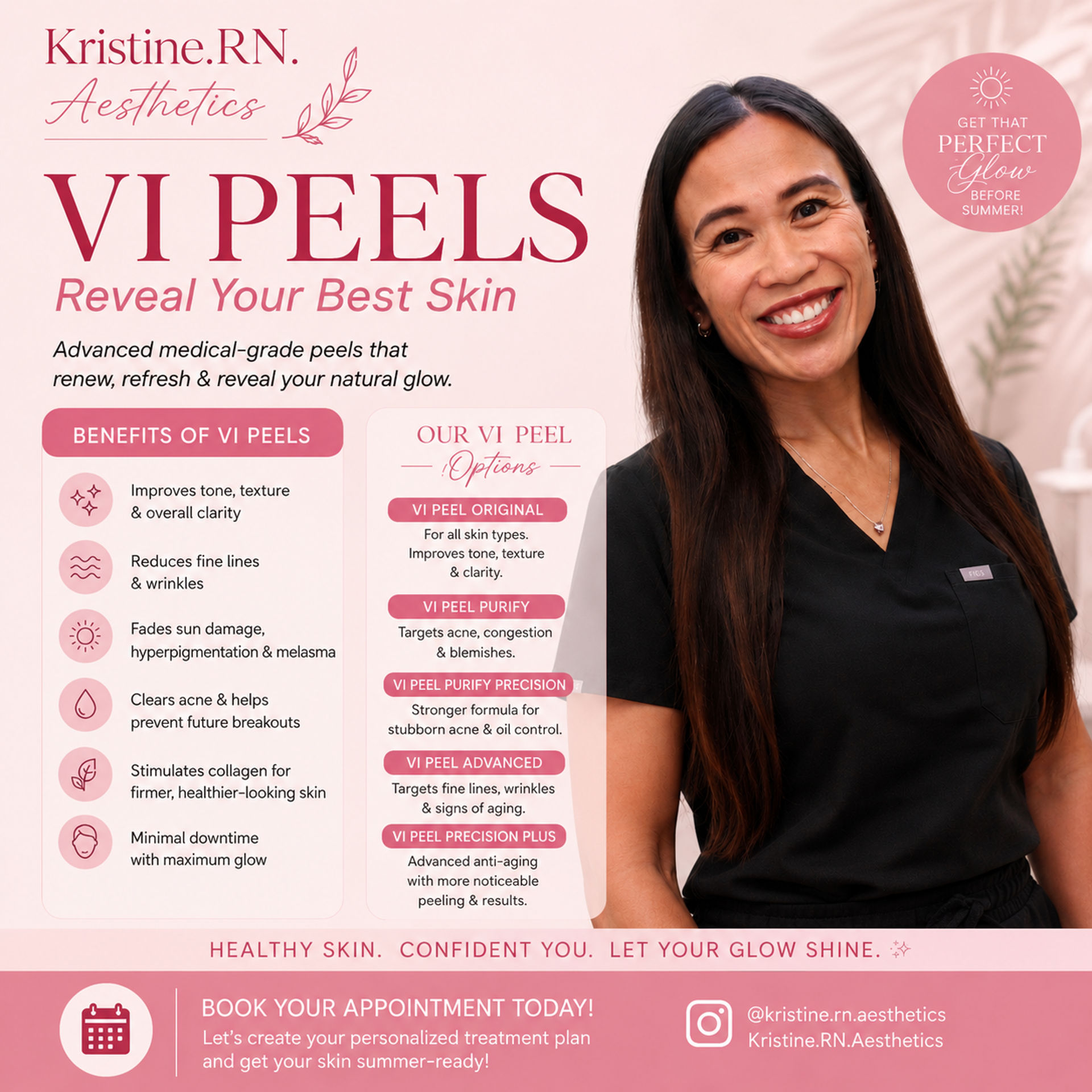 Pink promotional poster for VI Peels chemical peels featuring a smiling female aesthetician in black scrubs next to lists of benefits, peel options, and booking info for skin rejuvenation and a glowing complexion.