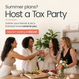 Four women toasting with wine over a charcuterie spread in a bright home, promotional sign inviting an at‑home cosmetic injection “tox” party with a licensed nurse
