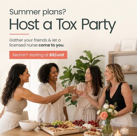 Four women toasting with wine over a charcuterie spread in a bright home, promotional sign inviting an at‑home cosmetic injection “tox” party with a licensed nurse