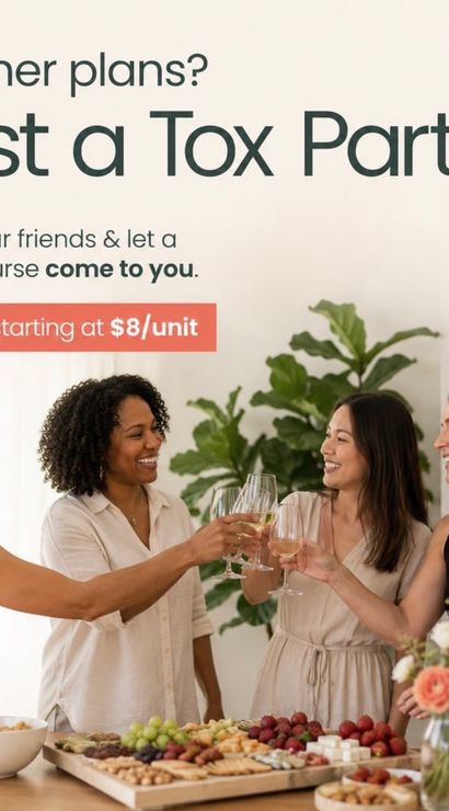 Four women toasting with wine over a charcuterie spread in a bright home, promotional sign inviting an at‑home cosmetic injection “tox” party with a licensed nurse