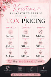 Pink floral poster advertising cosmetic neurotoxin pricing—Jeuveau, Xeomin and Botox—with tiered unit rates for new clients, members and retail, decorative blossoms and a booking call-to-action.