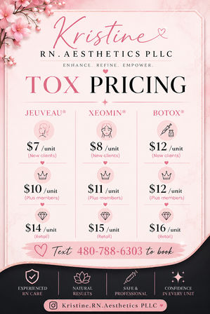 Pink floral poster advertising cosmetic neurotoxin pricing—Jeuveau, Xeomin and Botox—with tiered unit rates for new clients, members and retail, decorative blossoms and a booking call-to-action.