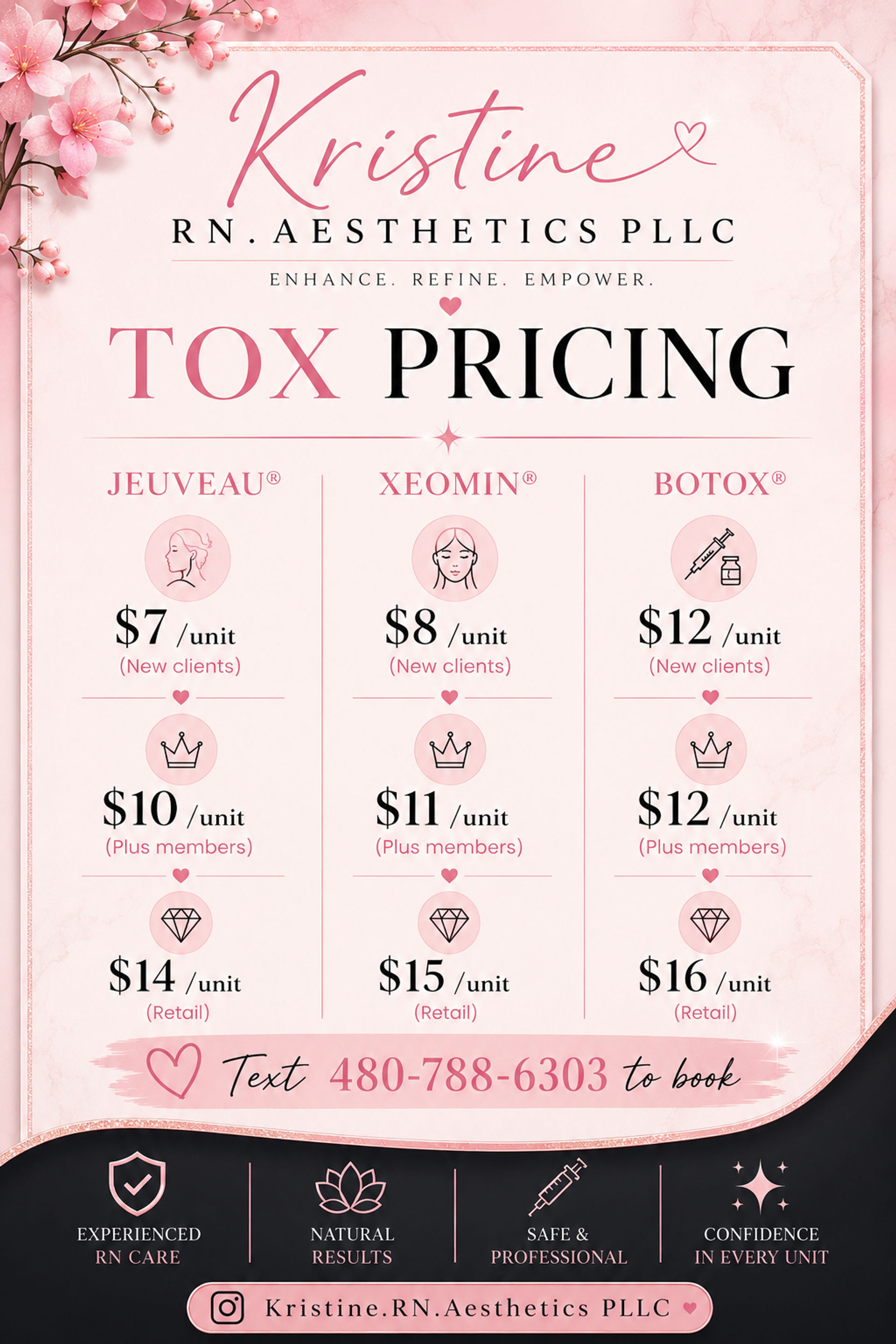 Pink floral poster advertising cosmetic neurotoxin pricing—Jeuveau, Xeomin and Botox—with tiered unit rates for new clients, members and retail, decorative blossoms and a booking call-to-action.