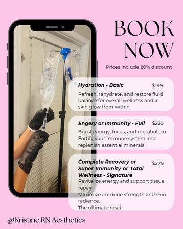 Promotional pink wellness graphic with a smartphone mockup showing gloved hands holding an IV bag on a pole; 'BOOK NOW' header and three IV therapy packages listed in rounded boxes with prices (Hydration Basic $199, Energy/Immunity Full $239, Complete Recovery/Signature $279) and a note about a 20% discount.