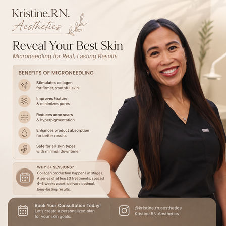Smiling clinician in black scrubs in an aesthetic clinic next to a promotional poster for microneedling titled 'Reveal Your Best Skin' — benefits listed include stimulating collagen, improving texture, reducing acne scars, enhancing product absorption, and being safe for all skin types, with a call-to-action to book a consultation.