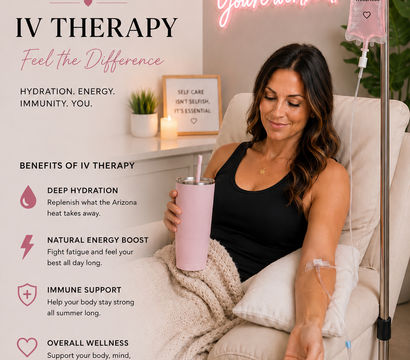 Relaxed woman in a spa-like clinic receiving a pink IV hydration drip while sipping from a matching tumbler, cozy blanket and neon “Invest in your health” sign highlighting wellness, energy and immune support.