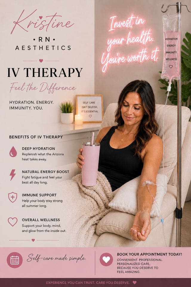 Relaxed woman in a spa-like clinic receiving a pink IV hydration drip while sipping from a matching tumbler, cozy blanket and neon “Invest in your health” sign highlighting wellness, energy and immune support.