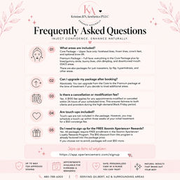 Pastel pink FAQ flyer for a medical aesthetics clinic outlining injectable packages, upgrade and cancellation fees, touch-up policy, Xeomin rewards signup and booking info, serving Gilbert, AZ and surrounding areas.