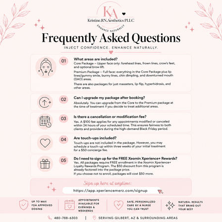 Pastel pink FAQ flyer for a medical aesthetics clinic outlining injectable packages, upgrade and cancellation fees, touch-up policy, Xeomin rewards signup and booking info, serving Gilbert, AZ and surrounding areas.