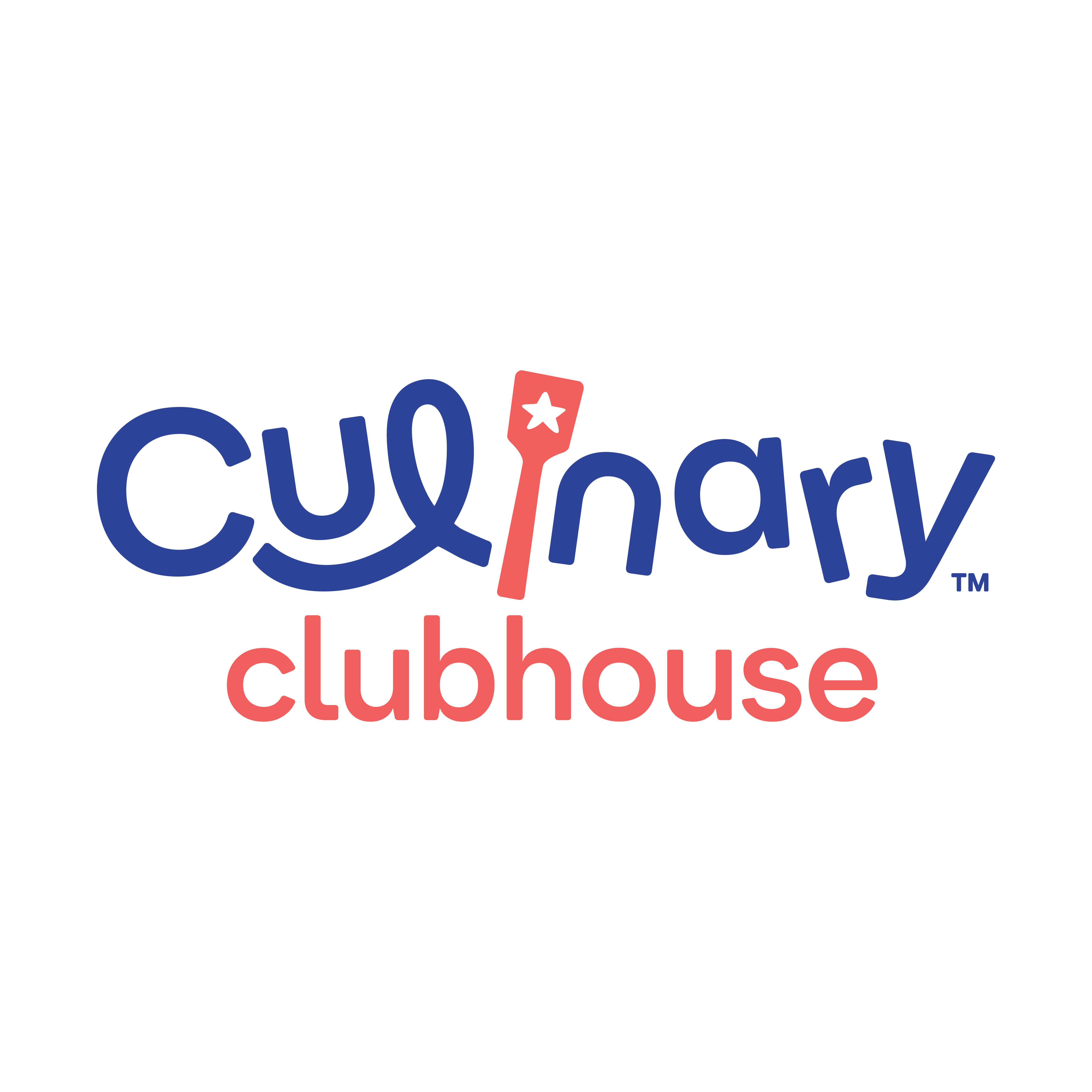 Playful two-tone cooking club logo with blue handwritten wordmark, coral spatula icon replacing the 'i', and coral "clubhouse" text beneath on a white background