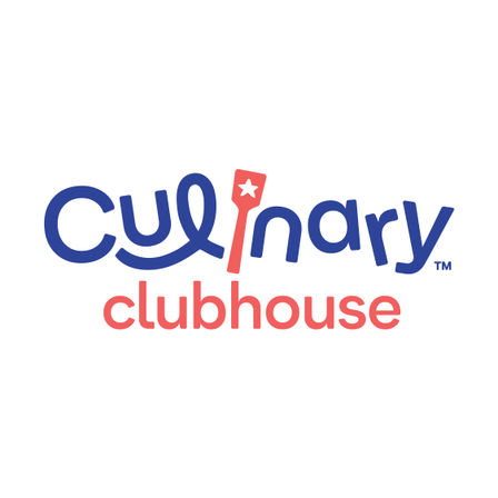 Playful two-tone cooking club logo with blue handwritten wordmark, coral spatula icon replacing the 'i', and coral "clubhouse" text beneath on a white background