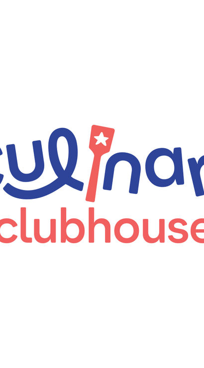 Playful two-tone cooking club logo with blue handwritten wordmark, coral spatula icon replacing the 'i', and coral "clubhouse" text beneath on a white background