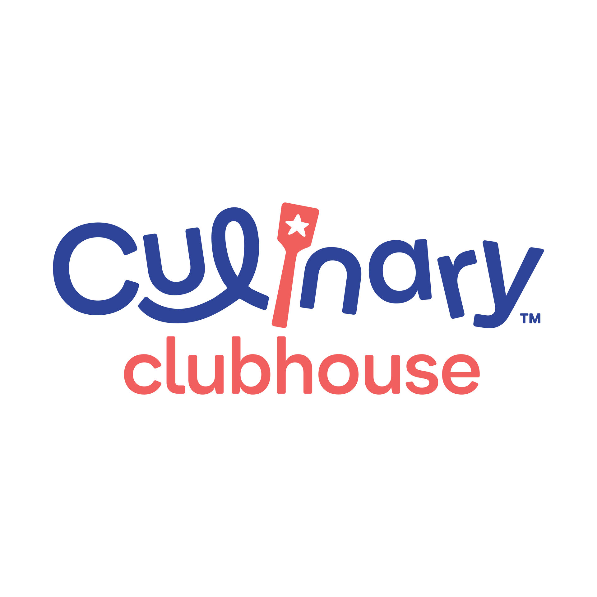 Playful two-tone cooking club logo with blue handwritten wordmark, coral spatula icon replacing the 'i', and coral "clubhouse" text beneath on a white background