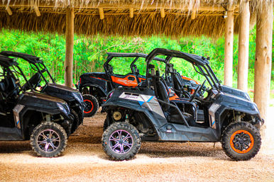 Colorful off-road UTV side-by-side vehicles parked under a thatched palapa on gravel with lush tropical greenery in the background, ready for an outdoor adventure.
