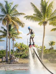 Thrilling flyboarding scene: person propelled by water jets above turquoise coastal waters with palm trees and a sunny tropical sky