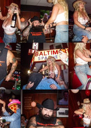 Collage-style Baltimore bar scene at night: bearded man in a black cowboy hat surrounded by women in cowboy hats and jeans dancing on stools, champagne bottles and lively crowd.