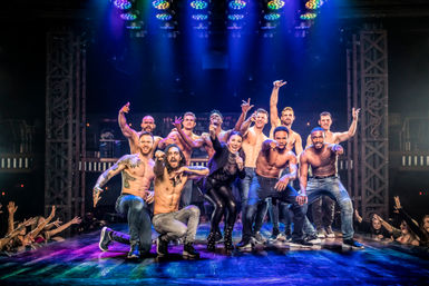 Female singer in leather fronts a troupe of shirtless male dancers striking poses on a nightclub stage under colorful spotlights, cheering audience hands reaching in — high-energy cabaret performance.