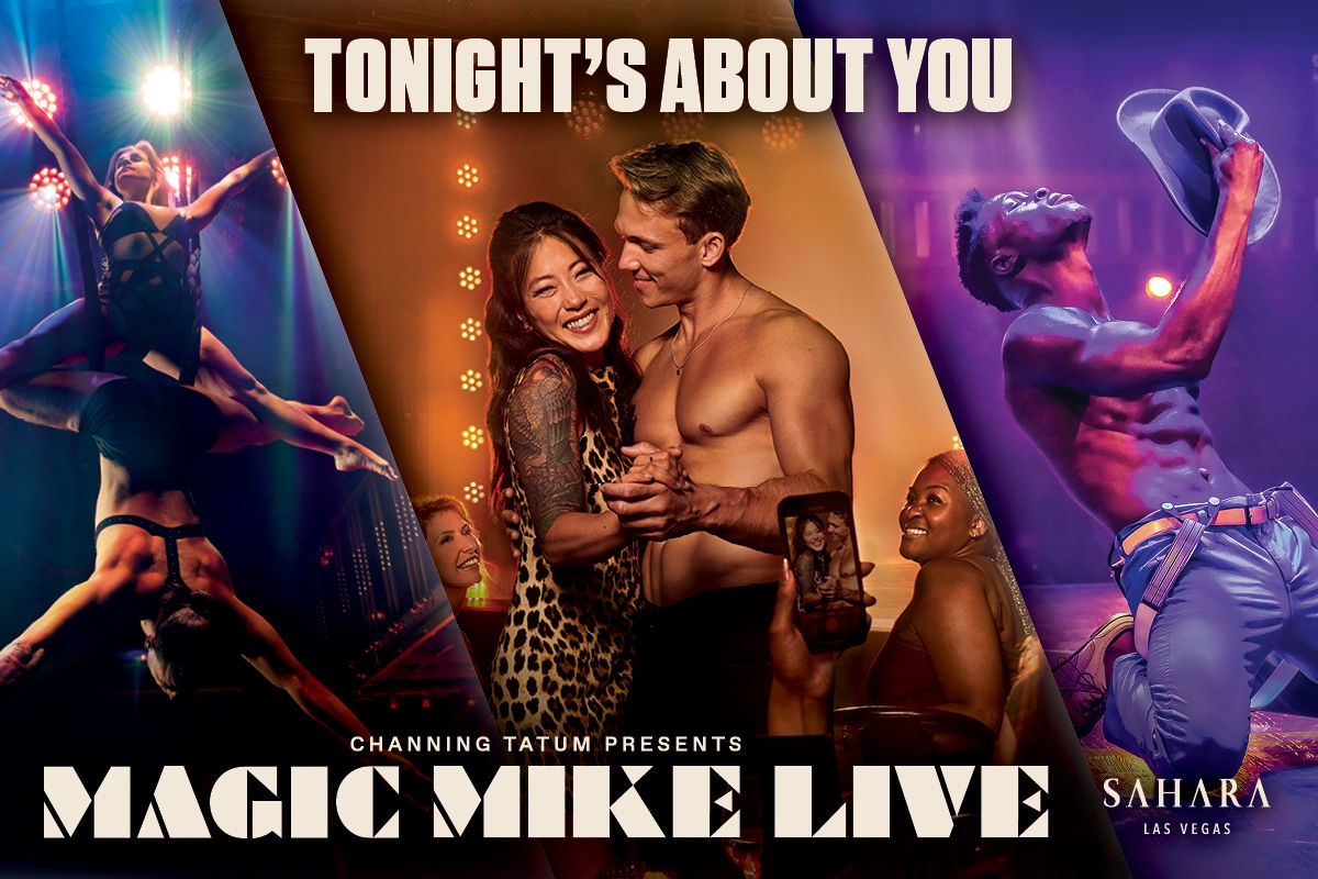 Live show poster of shirtless male dancers doing acrobatics and a shirtless partner dancing with a smiling audience under colorful stage lights.