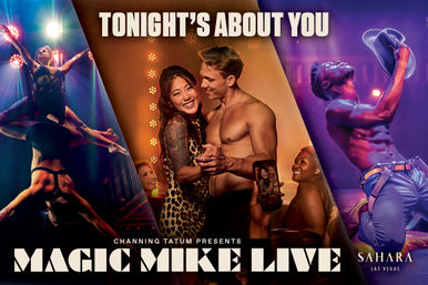 Live show poster of shirtless male dancers doing acrobatics and a shirtless partner dancing with a smiling audience under colorful stage lights.
