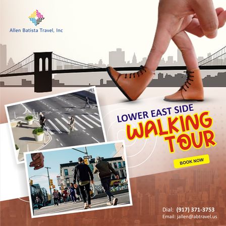 Promotional graphic for a Lower East Side walking tour in New York: playful finger-people wearing boots walking past a bridge silhouette, with inset street photos of pedestrians and a 'Book Now' call-to-action.