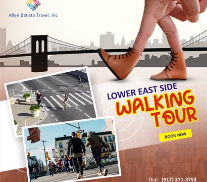 Promotional graphic for a Lower East Side walking tour in New York: playful finger-people wearing boots walking past a bridge silhouette, with inset street photos of pedestrians and a 'Book Now' call-to-action.