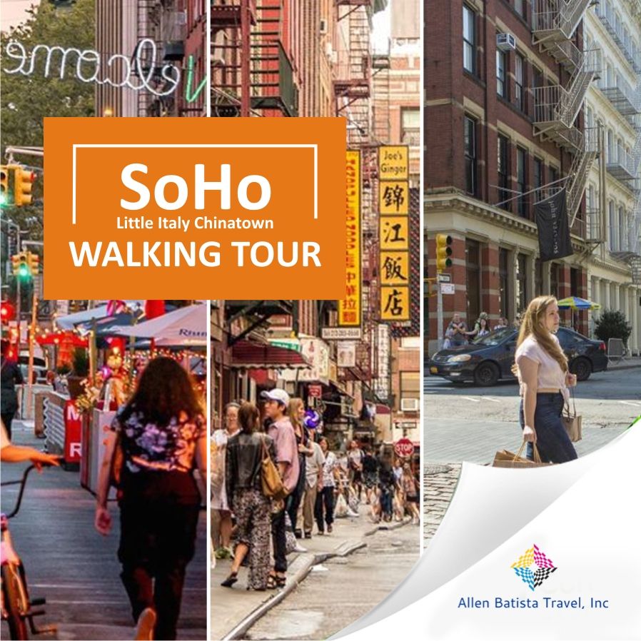 Vibrant SoHo, Little Italy & Chinatown walking tour banner over a collage of NYC street scenes with pedestrians, brownstones, fire escapes and colorful storefronts, travel logo in corner