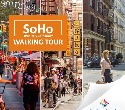 Vibrant SoHo, Little Italy & Chinatown walking tour banner over a collage of NYC street scenes with pedestrians, brownstones, fire escapes and colorful storefronts, travel logo in corner