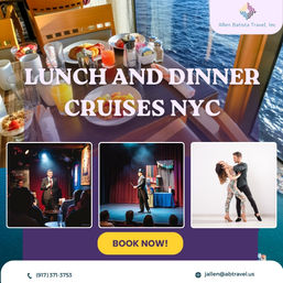 NYC lunch and dinner cruise — table set with plates and drinks by a water-view window, with inset photos of live comedy, magic, and dance entertainment.