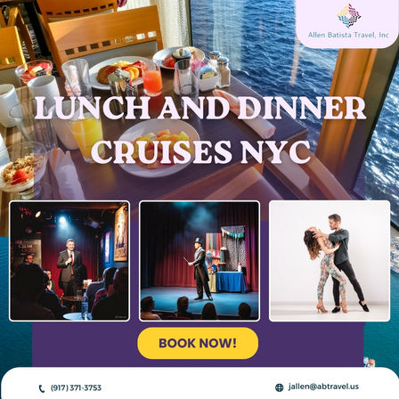 NYC lunch and dinner cruise — table set with plates and drinks by a water-view window, with inset photos of live comedy, magic, and dance entertainment.