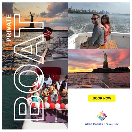 Collage showing a private boat cruise in New York Harbor with the Statue of Liberty at sunset, Manhattan skyline views, a couple on the stern and a lively on-deck party, plus a bright Book Now call-to-action.