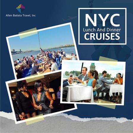 Collage promoting NYC lunch and dinner cruises: busy outdoor boat deck with waterfront skyline, elegant onboard dining with Statue of Liberty view, and people dancing at an evening cruise.