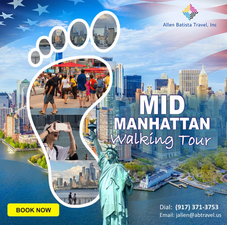 Foot-shaped photo collage over a Midtown Manhattan skyline featuring the Statue of Liberty, tourists strolling a waterfront promenade, skyline views and bold "Mid Manhattan Walking Tour" text with a yellow "Book Now" button.