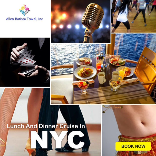 Vibrant collage promoting an NYC lunch and dinner cruise: ocean-view dining set with plated meals, live microphone for onboard shows, magician’s card trick, group and ballroom dancing, and a belly-dancer detail with a bright "Book Now" call-to-action.