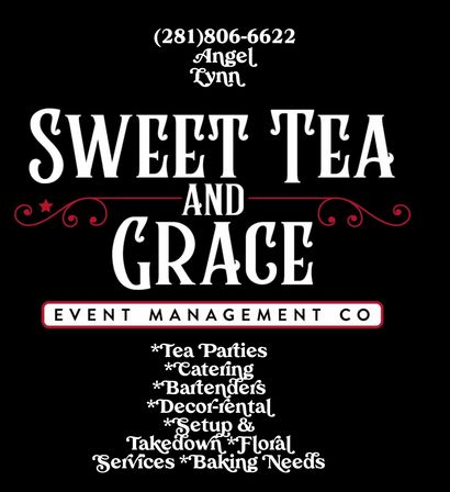 Stylized black logo for an event management company with bold white and red lettering, decorative swirls, and a service list including tea parties, catering, bartenders, decor rental, setup & takedown, floral services and baking needs.