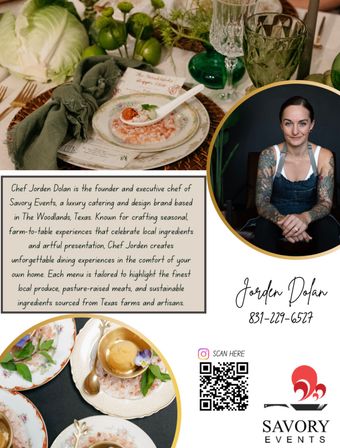 Promotional catering flyer for a Texas-based farm-to-table service showing an elegant place setting with vintage china, pink salt and a spooned appetizer, green glassware and leafy decor; circular inset portrait of a tattooed chef seated, text block about seasonal local menus, QR code and logo.