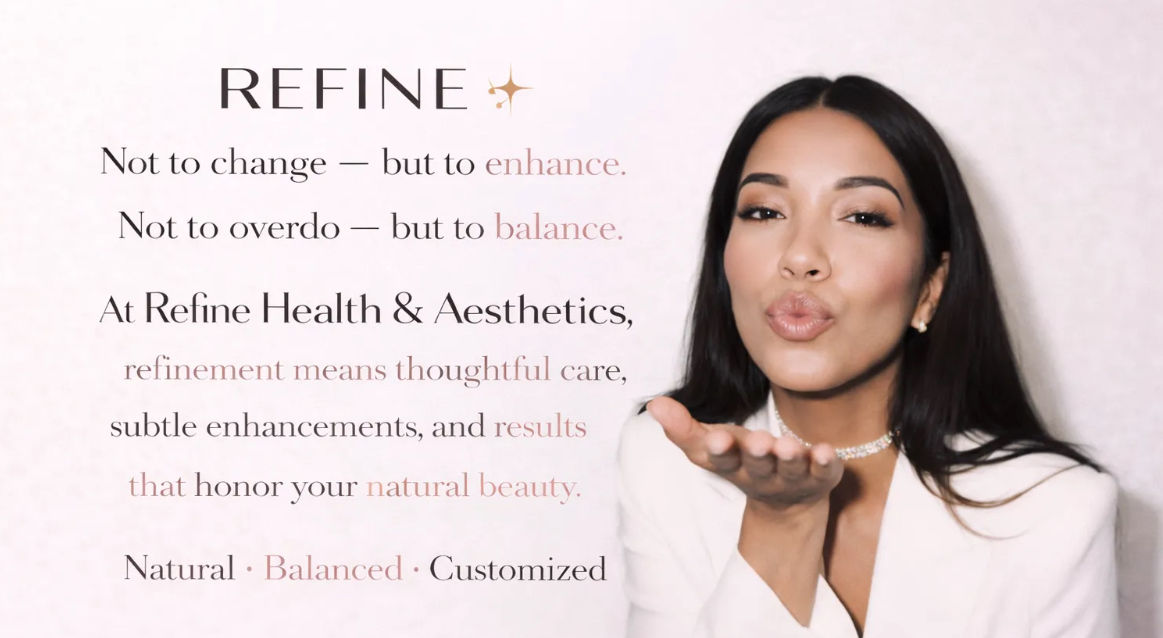 Minimalist beauty ad showing a woman in a white blazer and choker blowing a kiss on a pale pink backdrop, paired with elegant text about subtle enhancements, balanced natural beauty, and a ‘DM to book’ call-to-action.